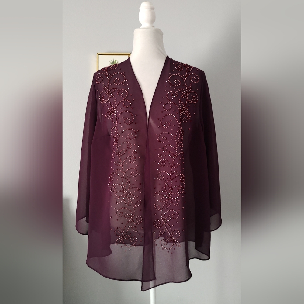 Catherines Cardigan Embellished Sheer Party Cocktail Burgundy Open Front New